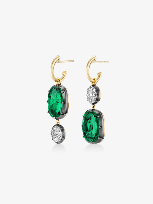 Asymmetric Cushion Emerald & Diamond Hoop Earrings View 2