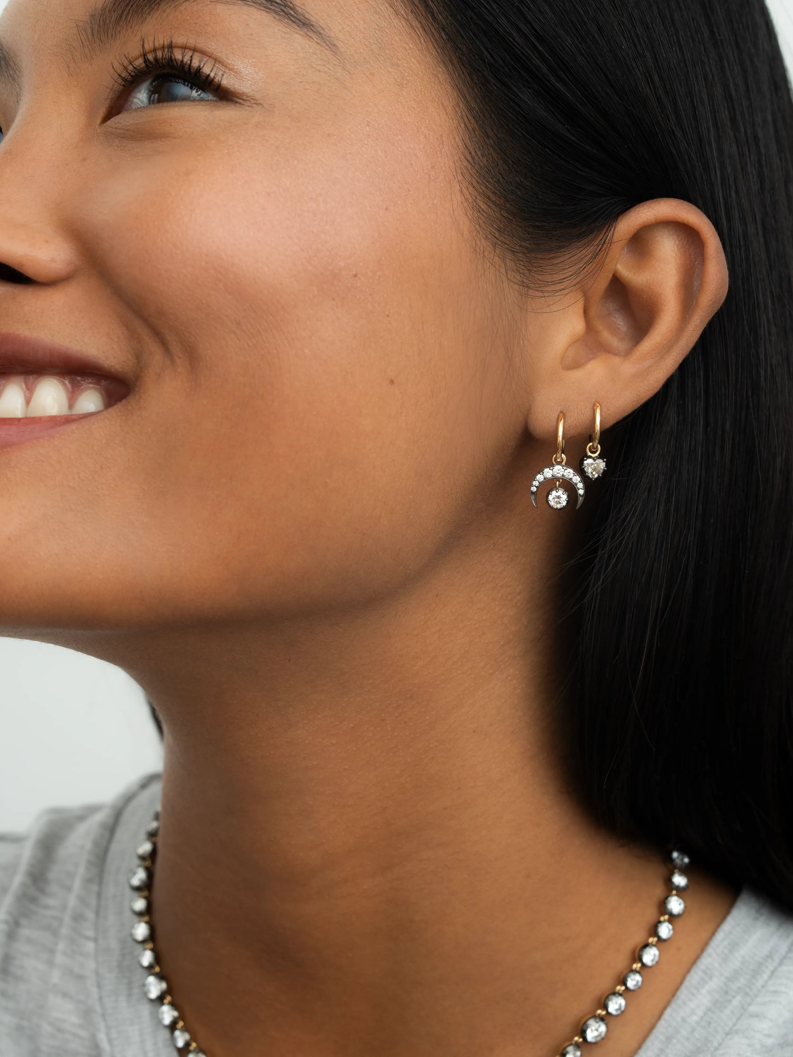 0.30ct Heart-Shaped Diamond & Blackened Gold Gypset Hoop Earrings View 3