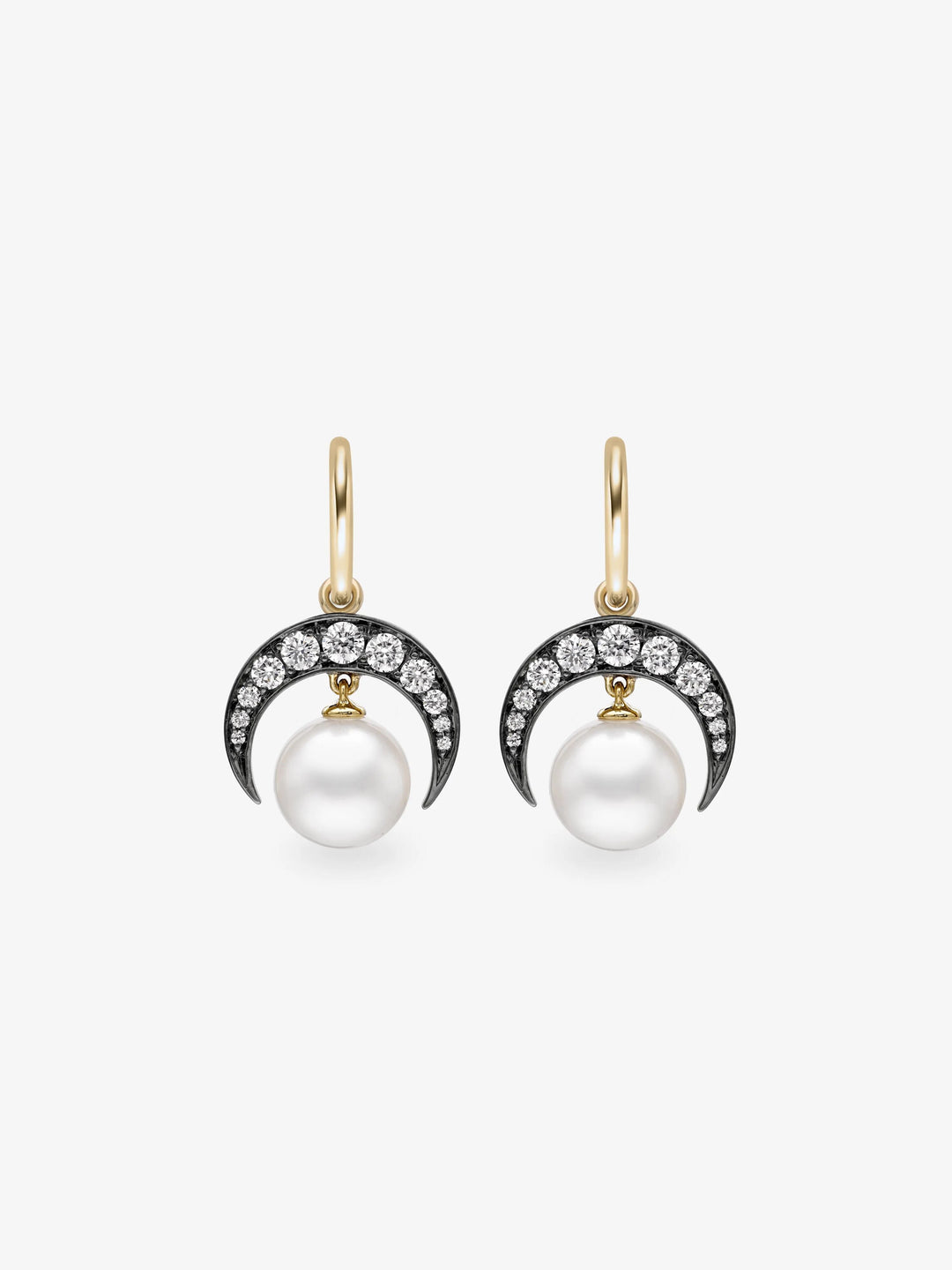 Crescent Moon Diamond & Pearl Gypset Hoop Earrings  View 1