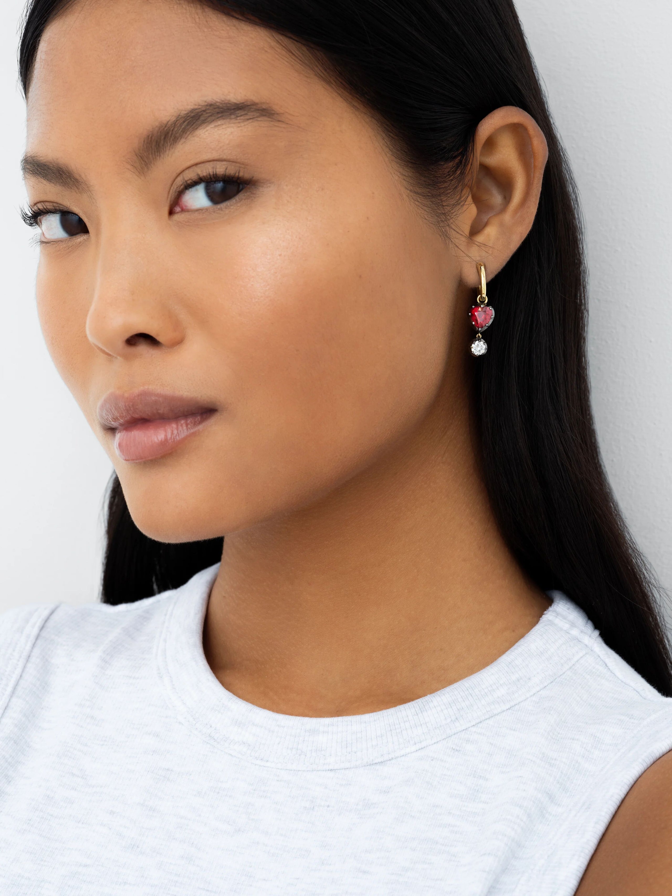 Heart-Shaped Ruby & Diamond Gypset Hoop Earrings View 3