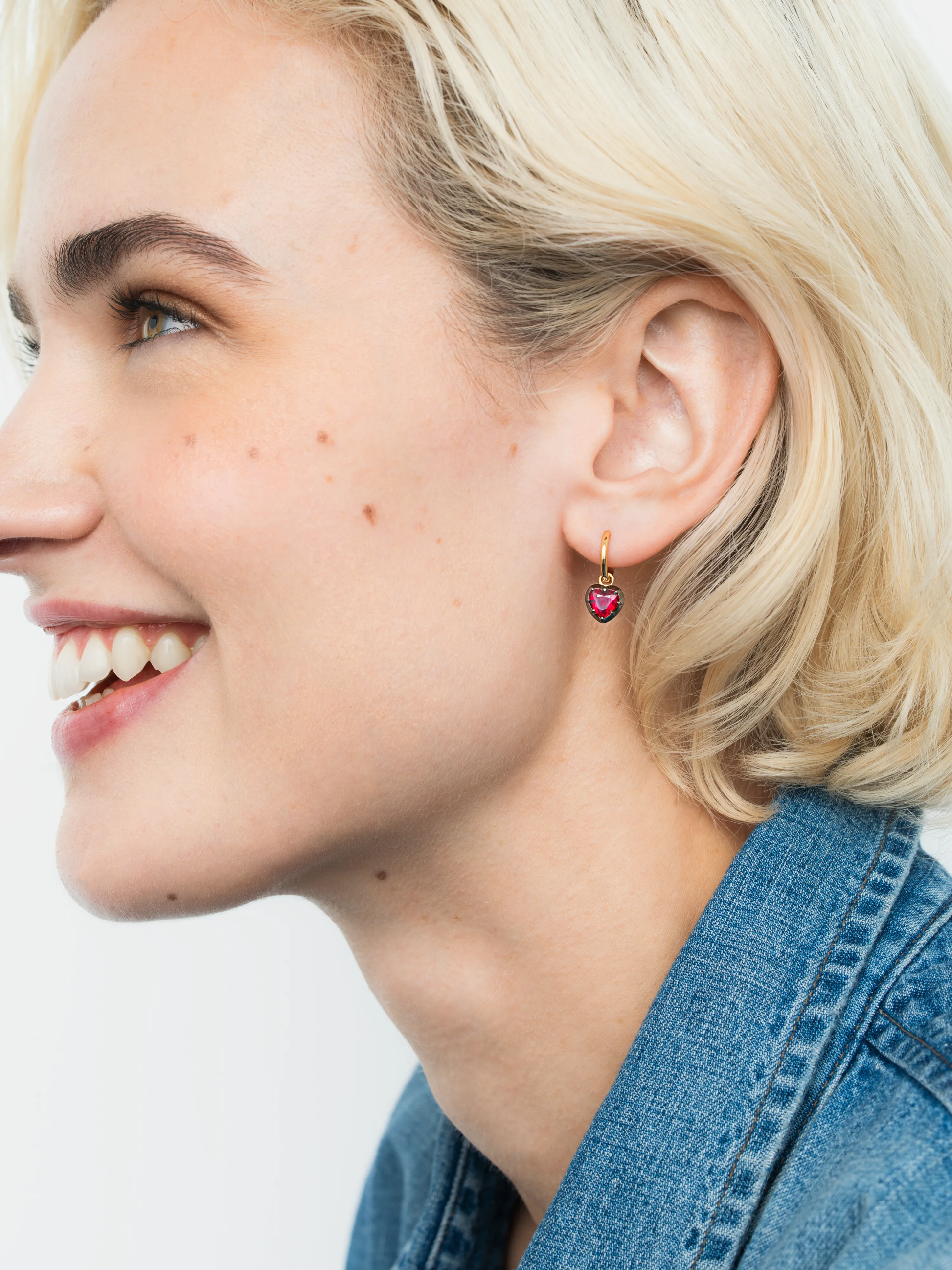 0.90ct Ruby Gypset Heart Shaped Hoop Earrings View 3