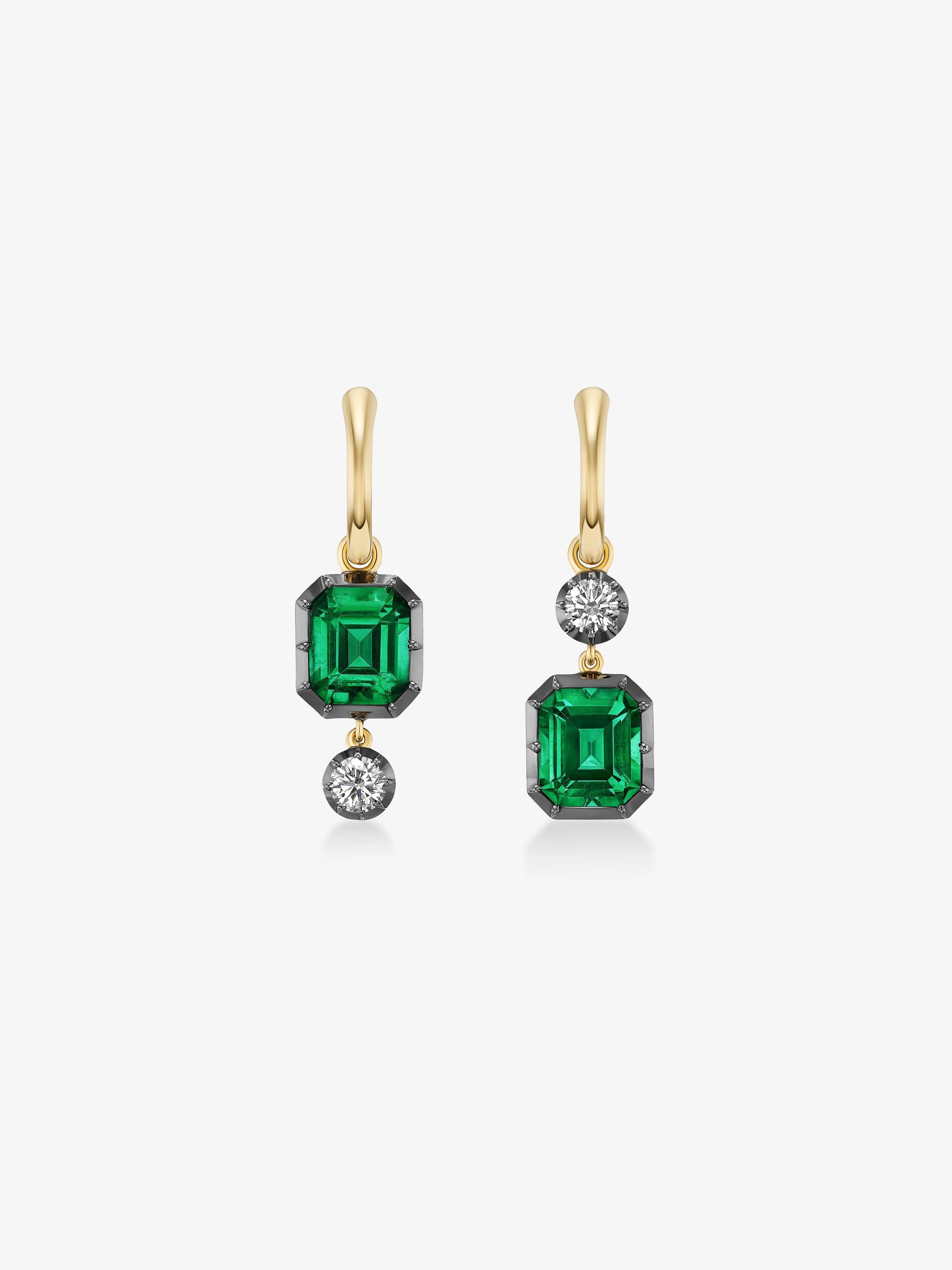 Asymmetric Emerald & Diamond Hoop Earrings View 1