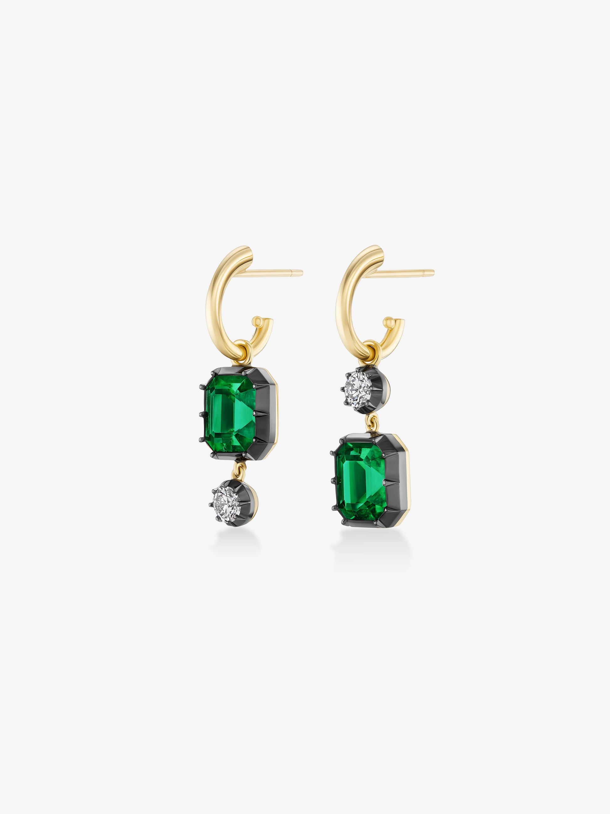 Asymmetric Emerald & Diamond Hoop Earrings View 2