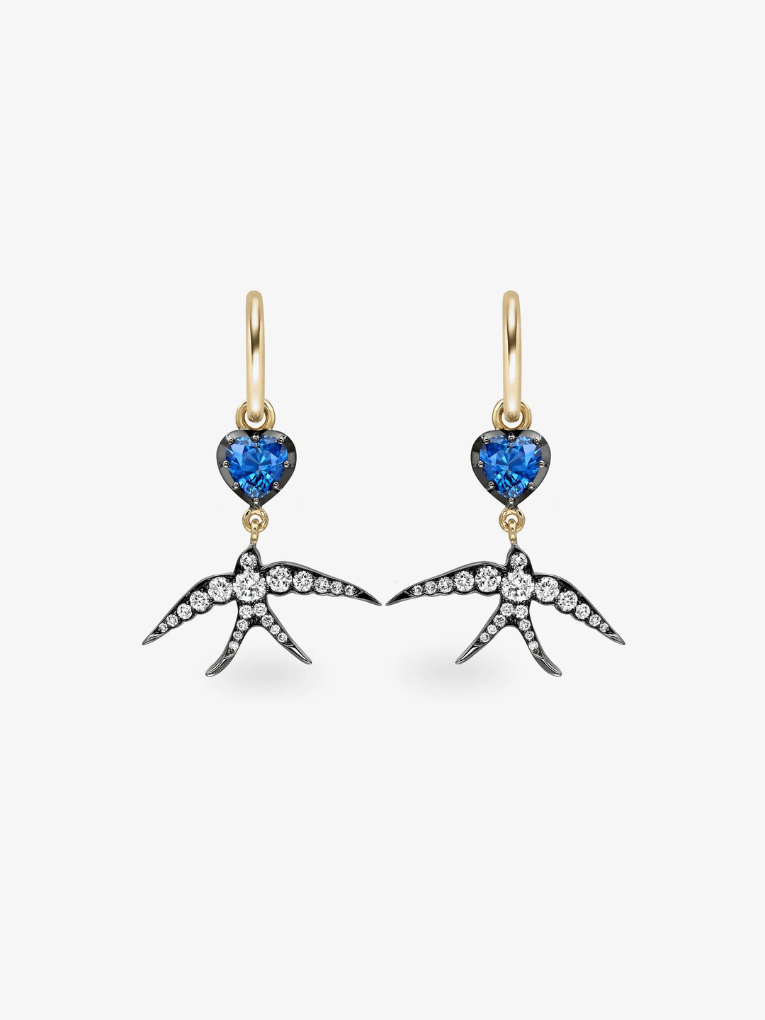 Hello Sailor Heart-Shaped Sapphire & Swallow Gypset Hoop Earrings  View 1