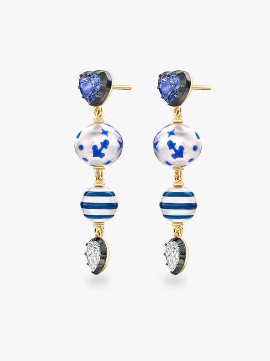 Hello Sailor Double Pearl, Diamond & Sapphire Earrings View 2