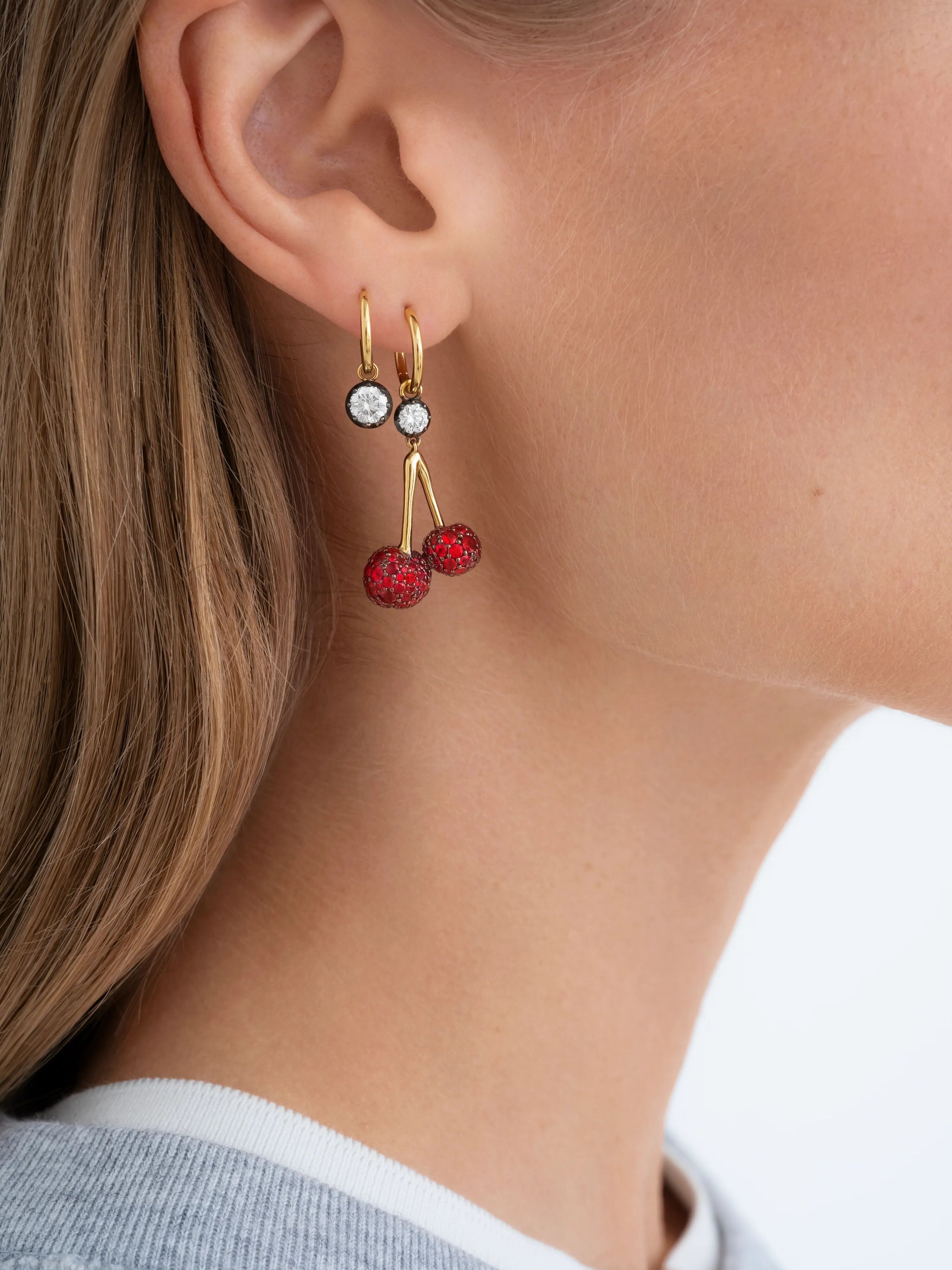 Fruit Salad Ruby Cherries & Diamond Gypset Hoop Earrings View 3