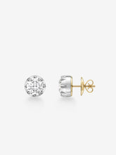 Pair of 3ct diamond stud earrings featuring round brilliant cuts set in white gold with traditional 18K yellow gold posts, showcasing handcrafted antique-inspired design.