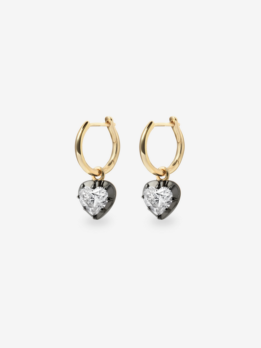 Pair of blackened gold hoops featuring heart-shaped diamonds in a contemporary, antique-inspired design showcasing expert craftsmanship and timeless elegance. View 2