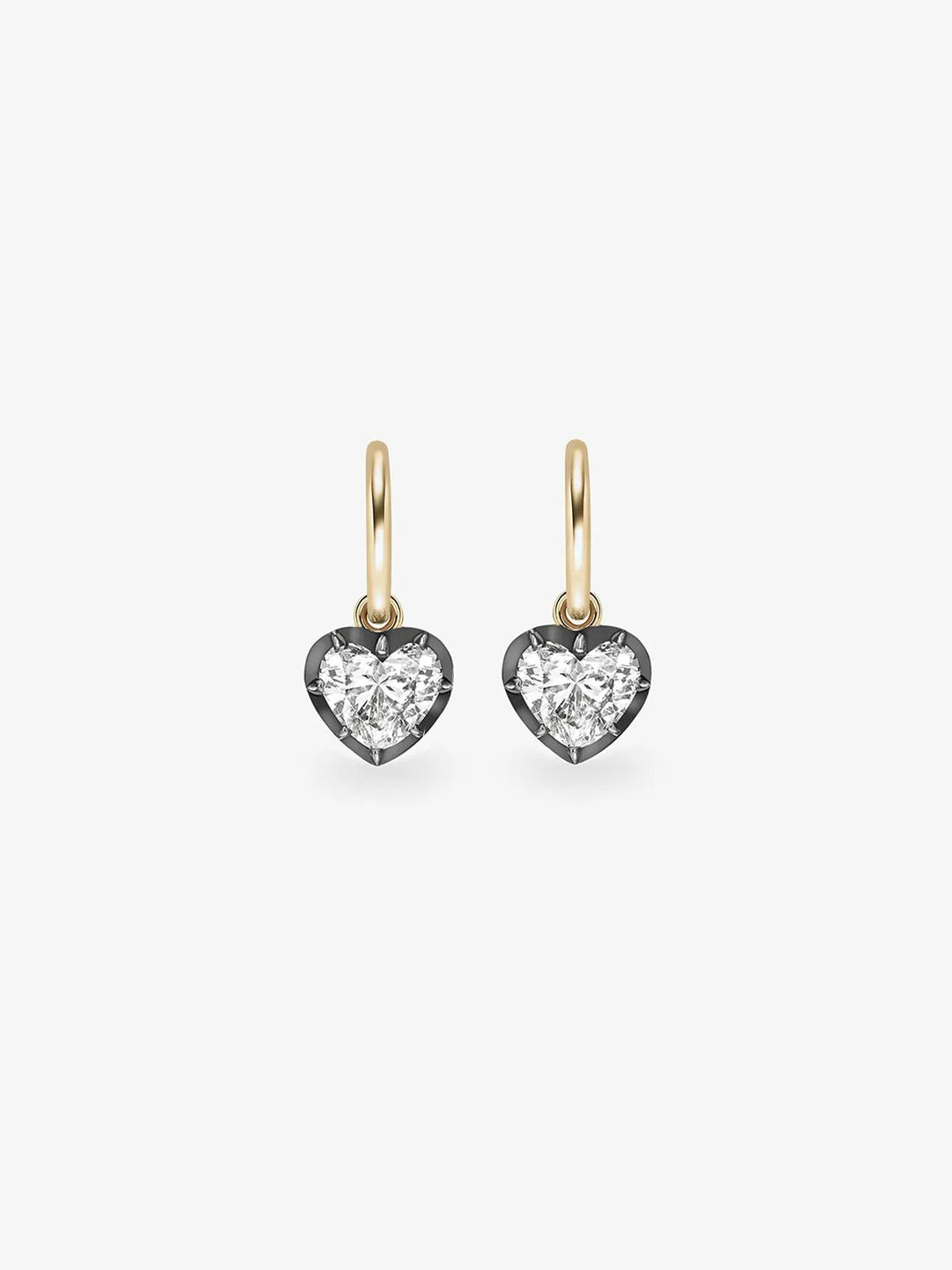 Heart-shaped diamond earrings set in contrasting blackened gold hoops, showcasing contemporary design with antique craftsmanship influences.  View 1