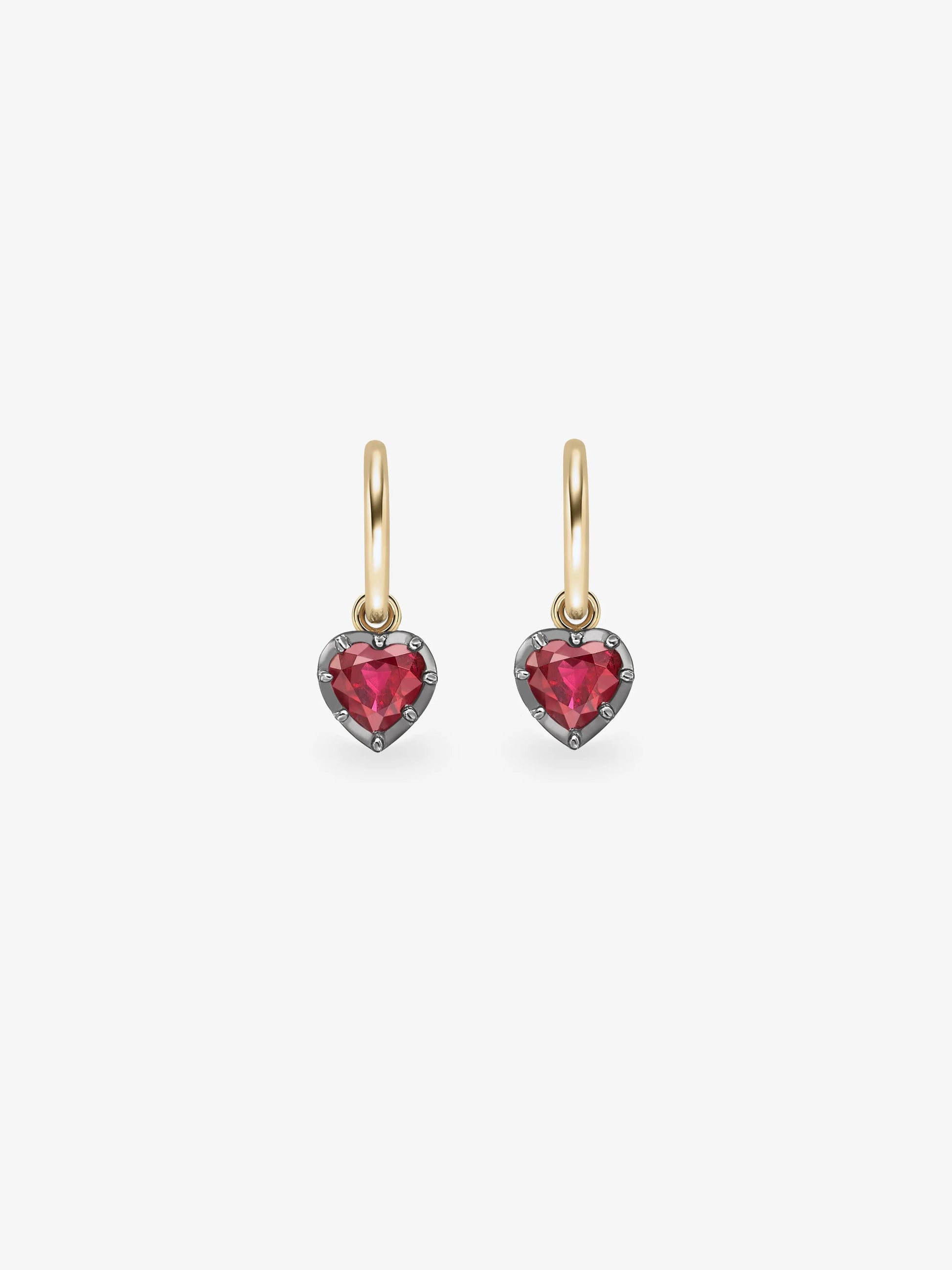 0.50ct Heart-Shaped Ruby & Blackened Gold Gypset Hoop Earrings View 1
