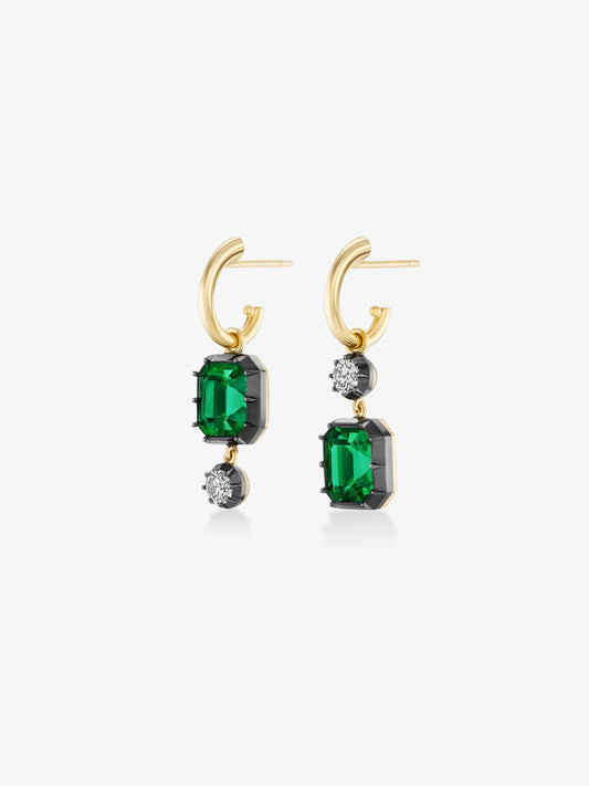 Asymmetric Emerald & Diamond Hoop Earrings View 2