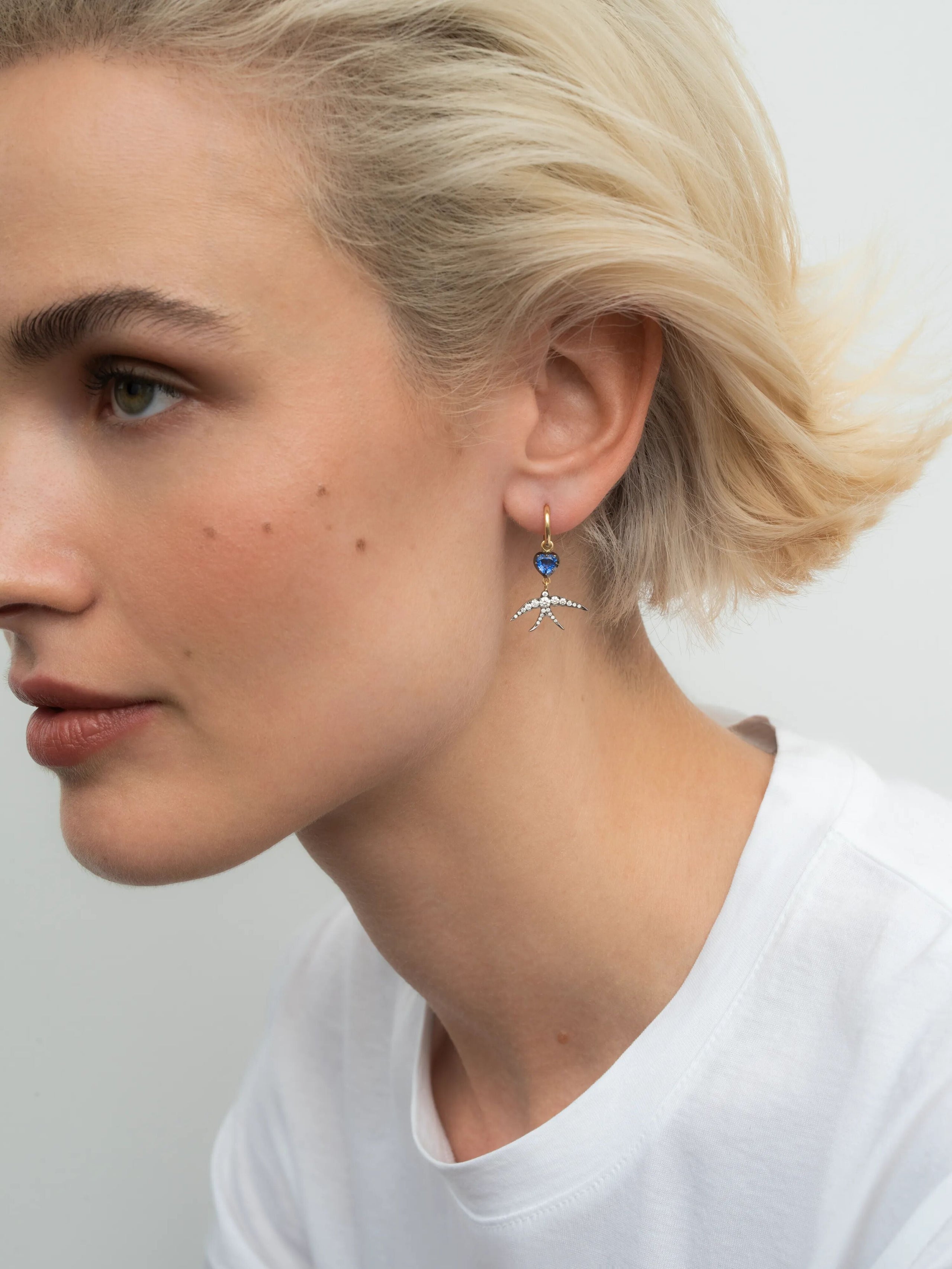 Hello Sailor Single Heart-Shaped Sapphire & Swallow Gypset Hoop Earring View 3