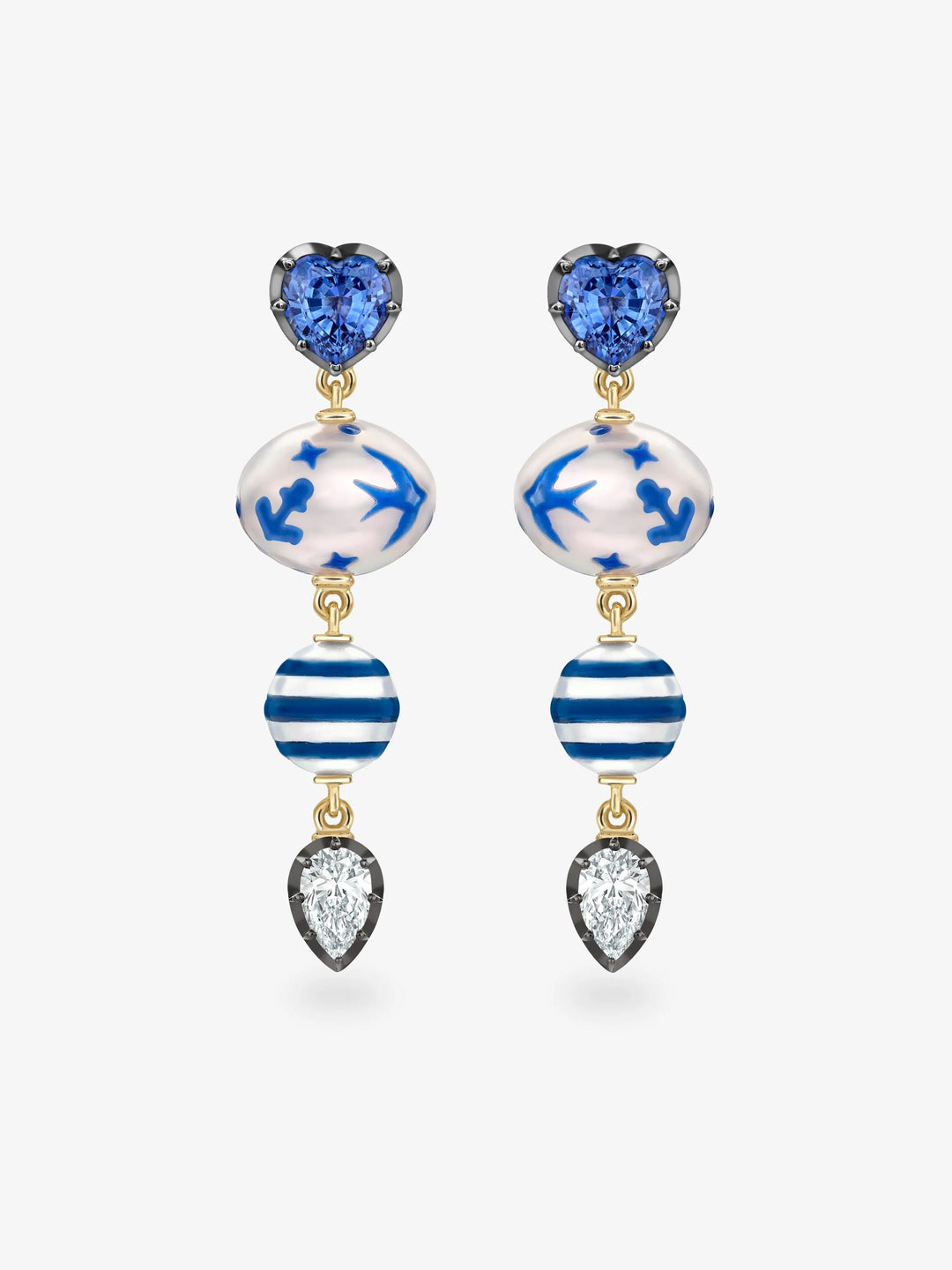 Hello Sailor Double Pearl, Diamond & Sapphire Earrings  View 1
