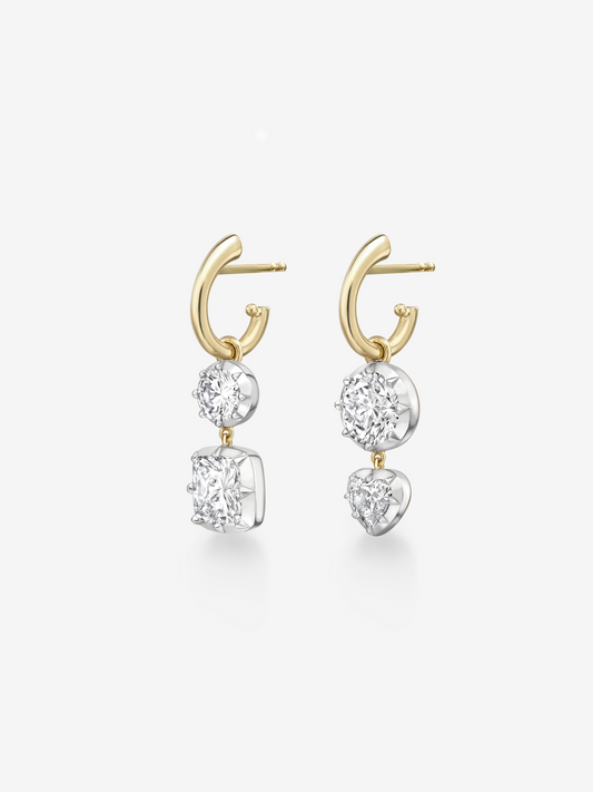 Jessica McCormack asymmetric diamond hoop earrings in gold, featuring multi-shape round, cushion and heart-shaped drops with an antique-inspired contemporary design View 2