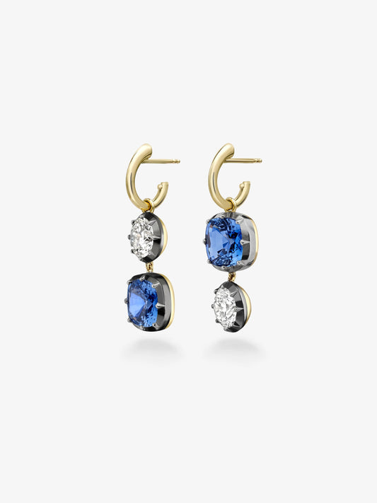 Asymmetric 3.70ct Cushion Sapphire & Diamond Gypset Hoop Earrings View 2