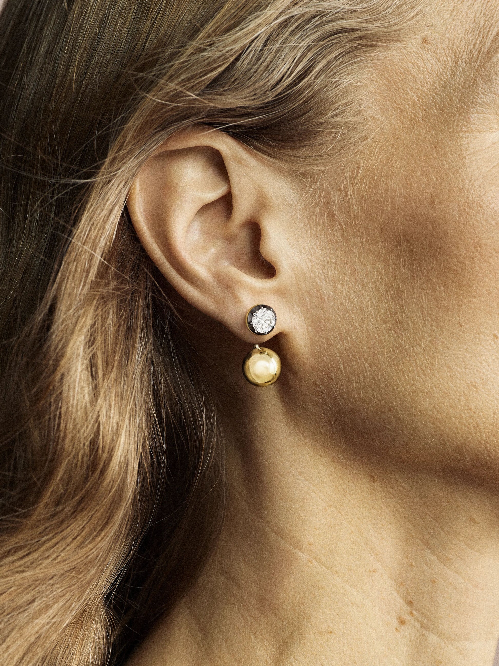 Orbit Asymmetric Yellow Gold 3.40ct & 1.31ct Diamond Sphere Earrings View 3