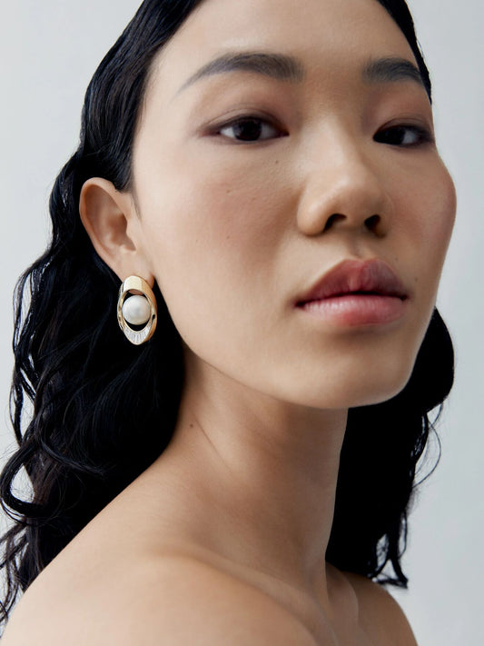 Orbit Pearl & Carré Cut Diamond Earrings View 3