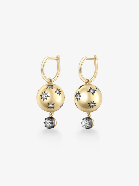 Orbit Yellow Gold Star-Set & Diamond Sphere Gypset Hoop Earrings View 2