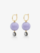 Pair of hoop earrings featuring lilac jade spheres and 0.40ct diamonds set in 18K yellow gold with blackened detailing, blending antique inspiration with contemporary style.