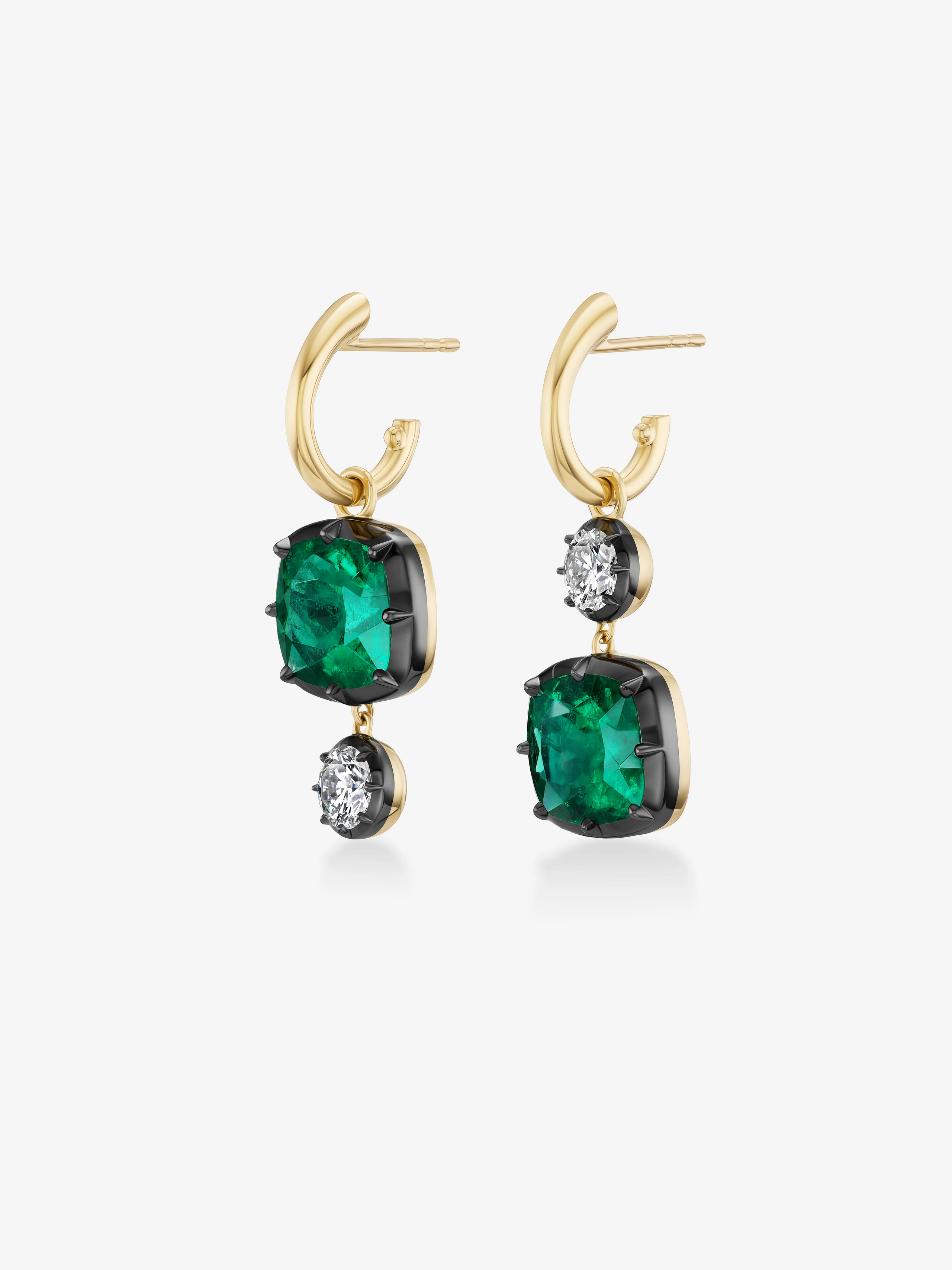 Asymmetric 3.39ct Cushion Emerald & Diamond Gypset Hoop Earrings View 2