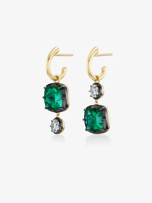 Asymmetric 3.39ct Cushion Emerald & Diamond Gypset Hoop Earrings View 2