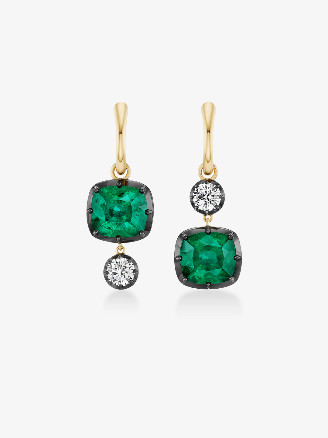 Asymmetric 3.39ct Cushion Emerald & Diamond Gypset Hoop Earrings  View 1