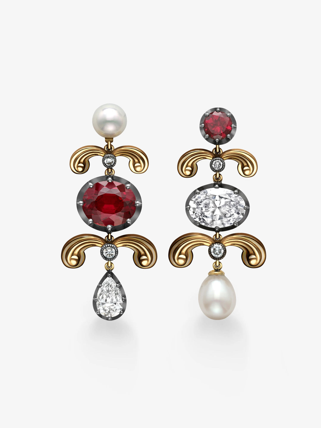 Pair of contemporary earrings featuring deep red garnets, white pearls, and sparkling diamonds set in intricate gold and blackened white gold designs inspired by antique craftsmanship.  View 1