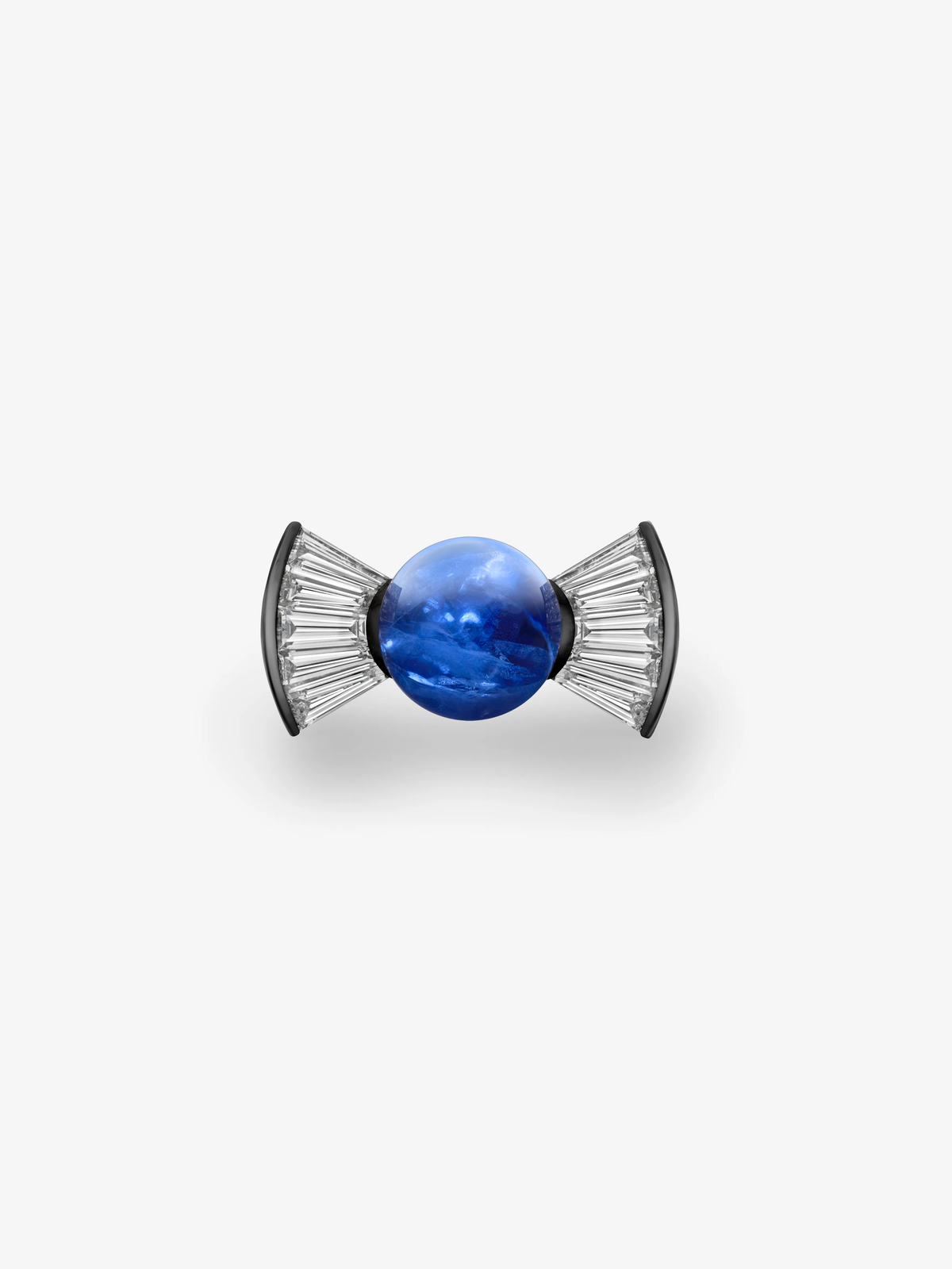 Bows ring with a round blue sapphire centre and fan-shaped diamond-set shoulders in a sculptural, antique-inspired design. View 1