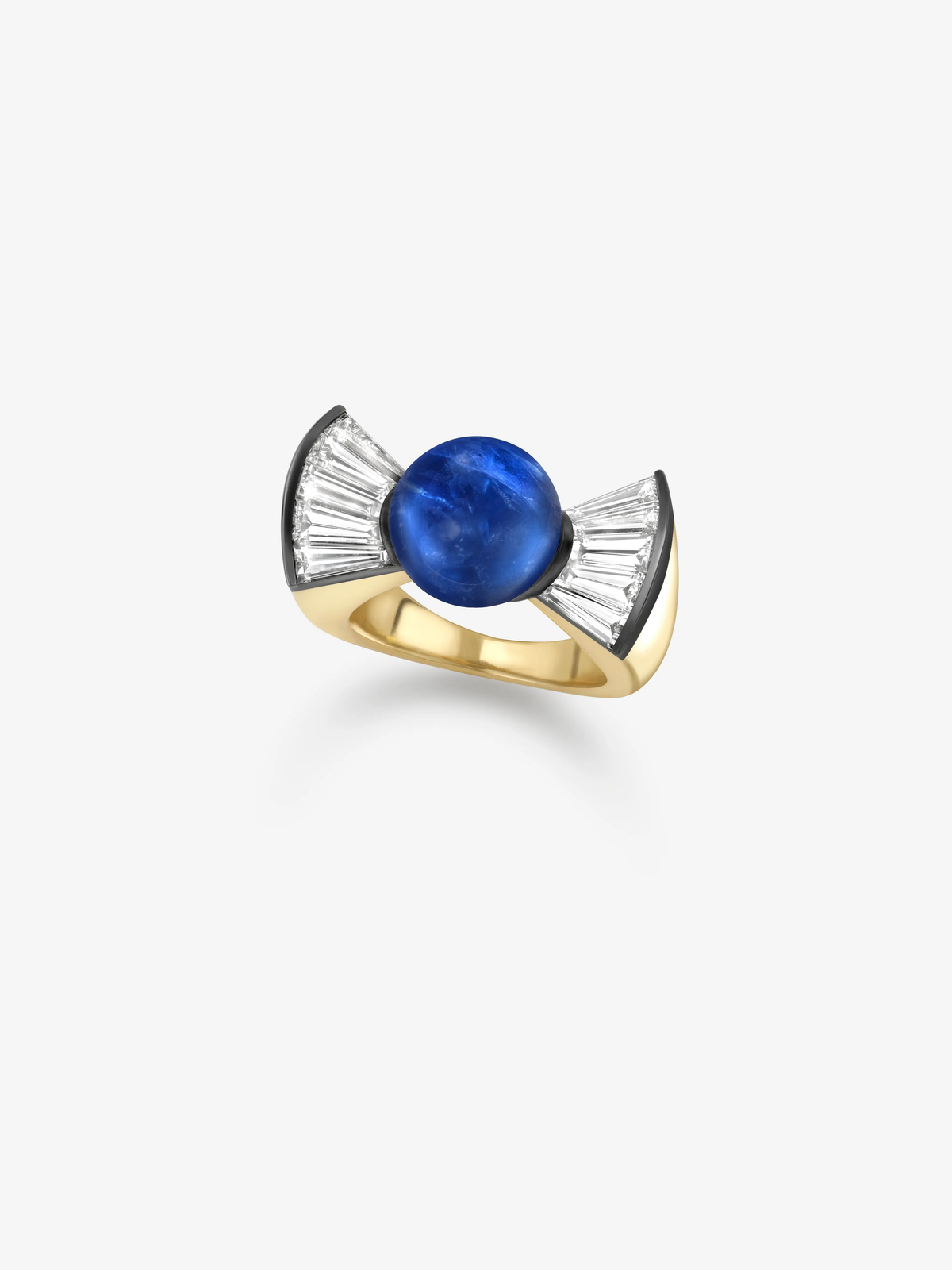 Round blue sapphire ring with fan-shaped diamond shoulders in yellow gold, showcasing antique-inspired craftsmanship and contemporary style. View 2