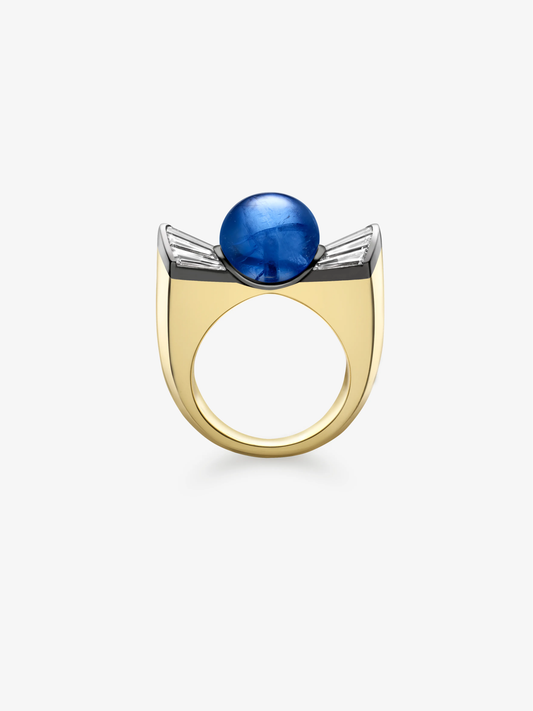 Round blue sapphire ring with diamond set white gold shoulders and a polished yellow gold band in a contemporary antique inspired design View 4