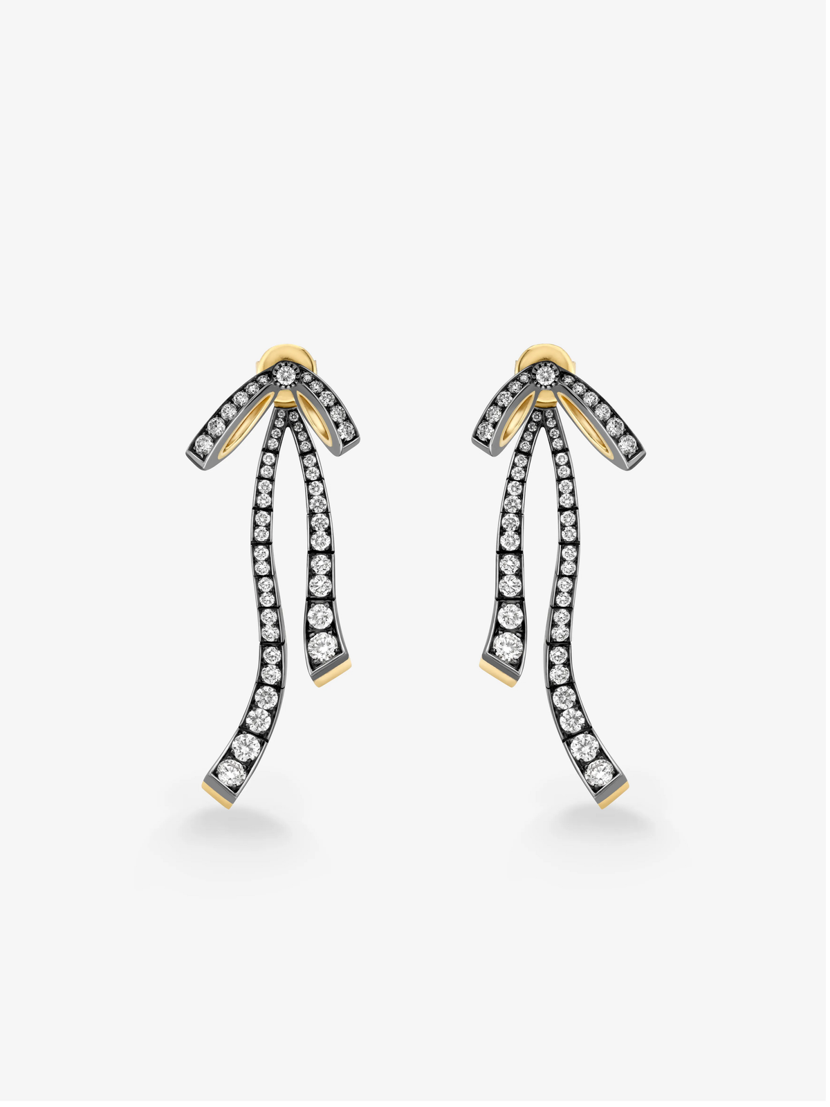 Pair of diamond ribbon drop earrings in blackened gold with yellow gold accents and articulated diamond set loops by Jessica McCormack View 2