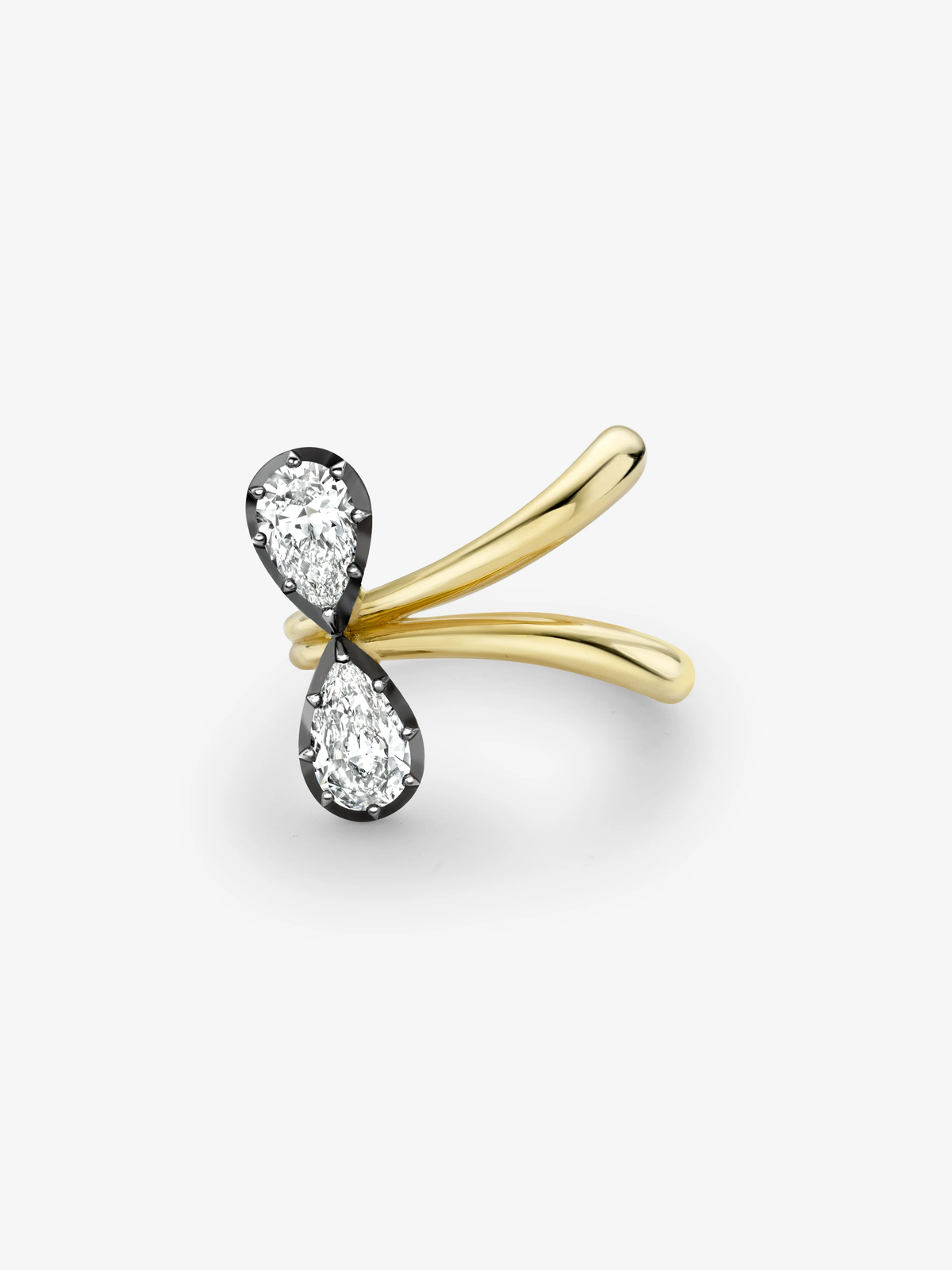 Jessica McCormack bow ring with 1.40ct pear shaped diamonds in blackened gold settings and a sculptural polished gold band View 1
