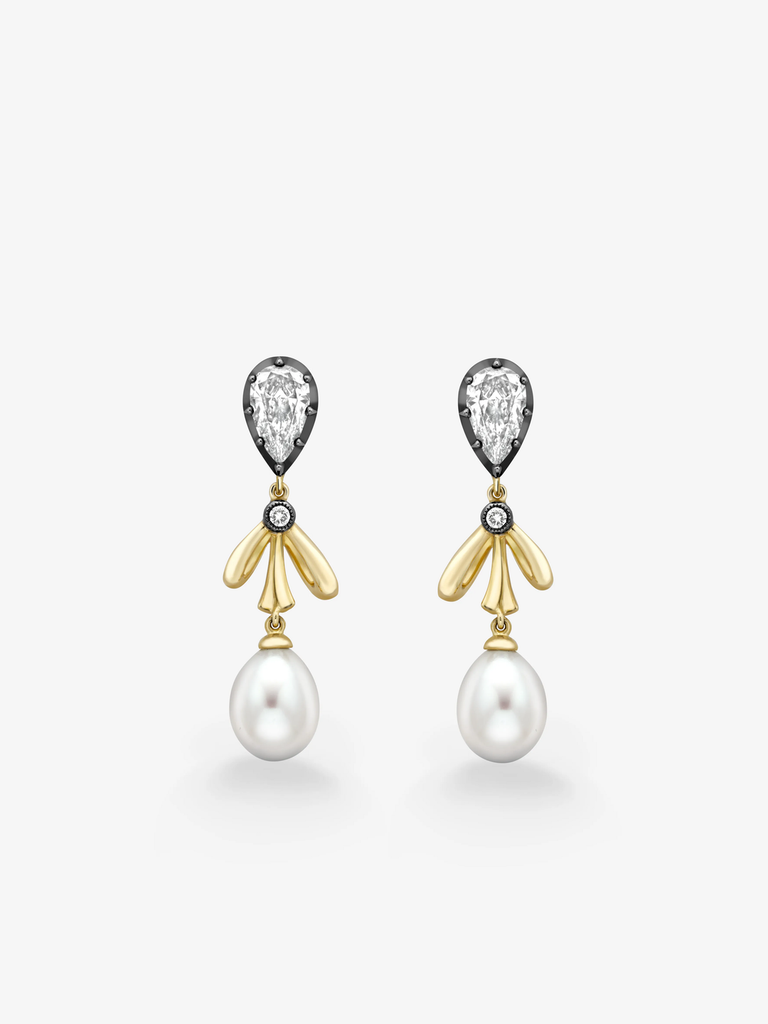 Pair of diamond and gold bow earrings with lustrous pearl drops and antique inspired craftsmanship  View 1