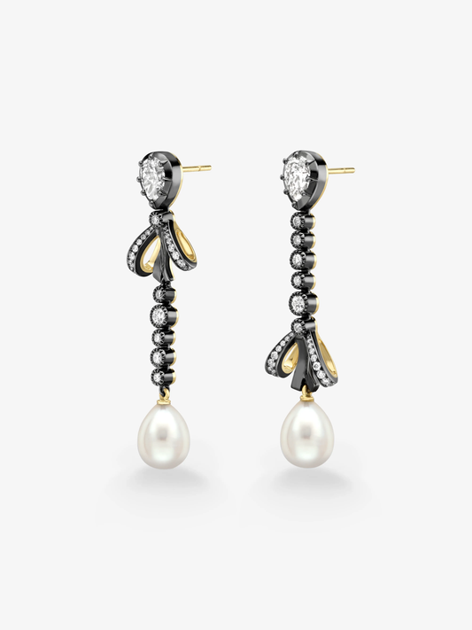 Bows Asymmetric Diamond & Pearl Drop Earrings View 2