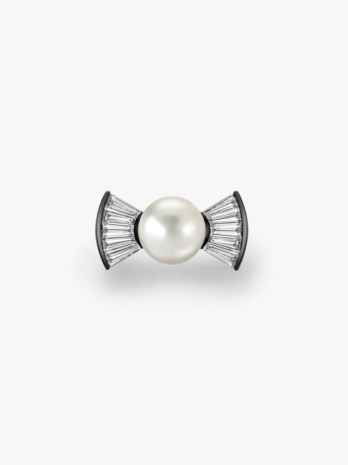 Diamond and pearl ring with a central round pearl framed by fan shaped diamond shoulders in an antique inspired bow design View 1