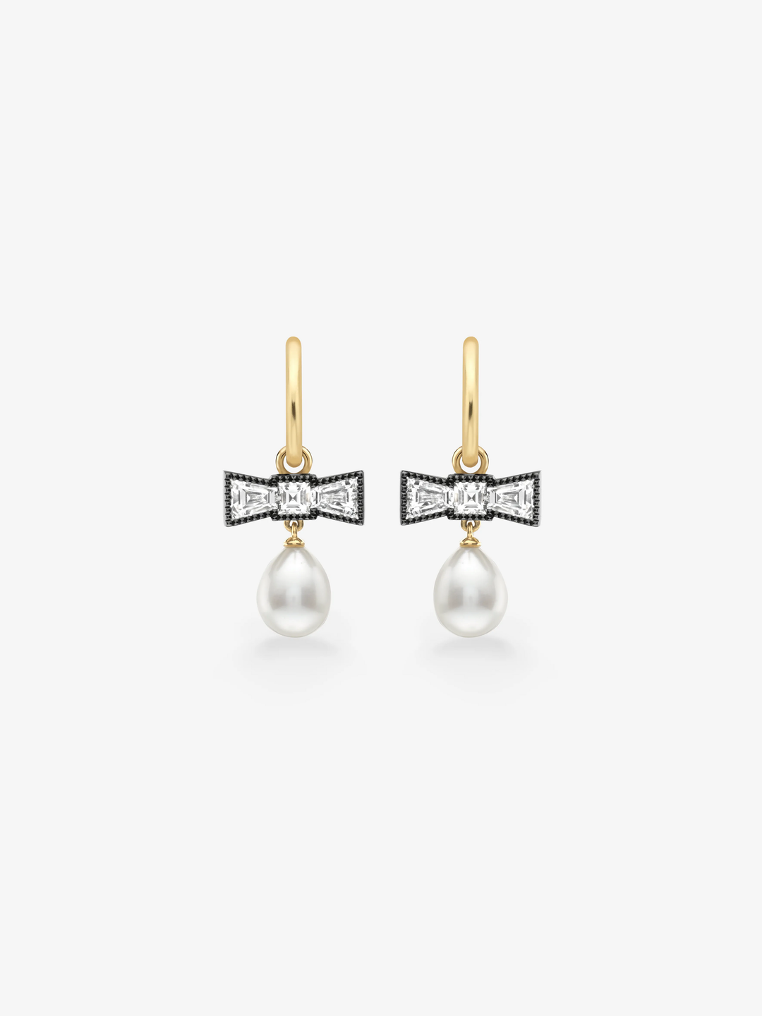 Jessica McCormack diamond and pearl bow drop earrings with gold hooks and antique inspired contemporary craftsmanship  View 1