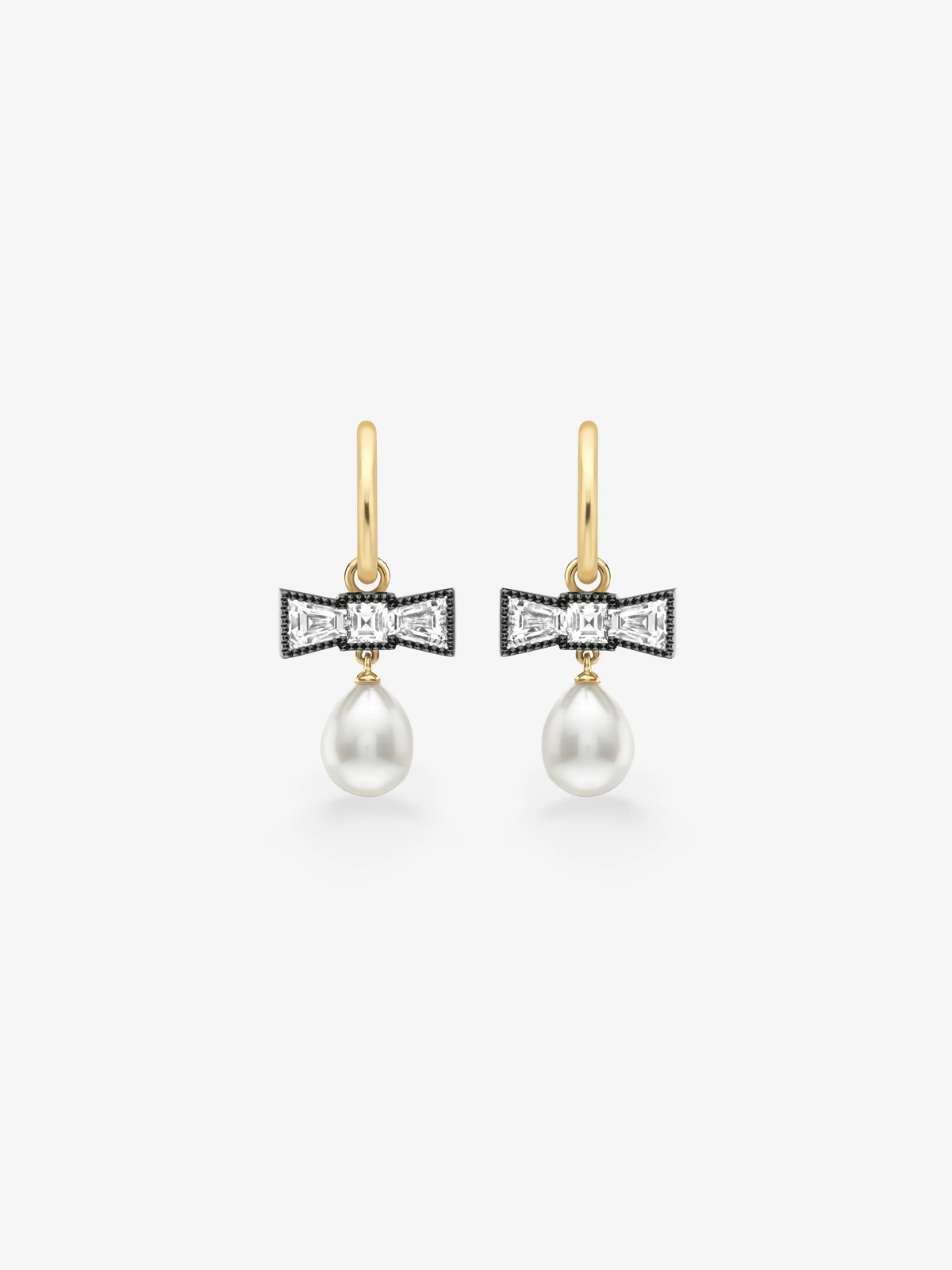 Jessica McCormack diamond and pearl bow drop earrings with gold hooks and antique inspired contemporary craftsmanship View 1