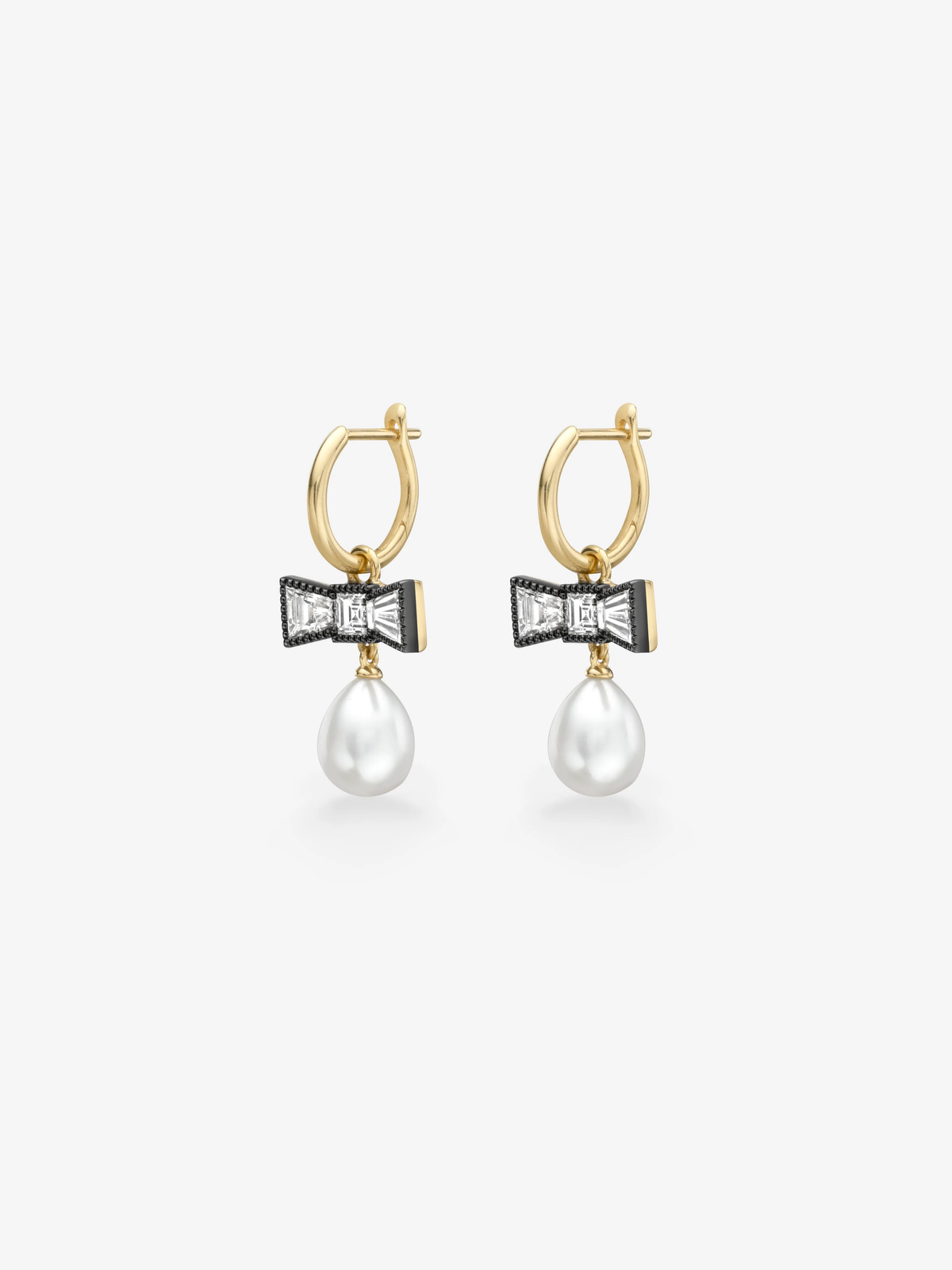 Jessica McCormack diamond and pearl gypset hoop earrings with gold hoops, blackened bow details and white pearl drops View 2