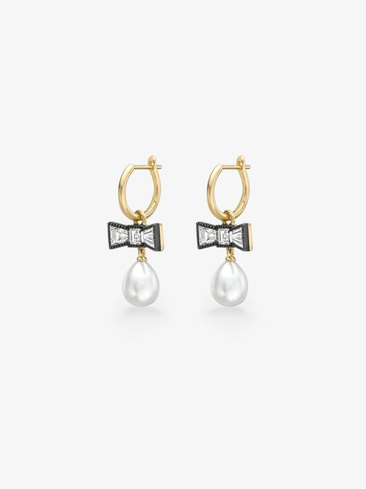 Jessica McCormack diamond and pearl gypset hoop earrings with gold hoops, blackened bow details and white pearl drops View 2