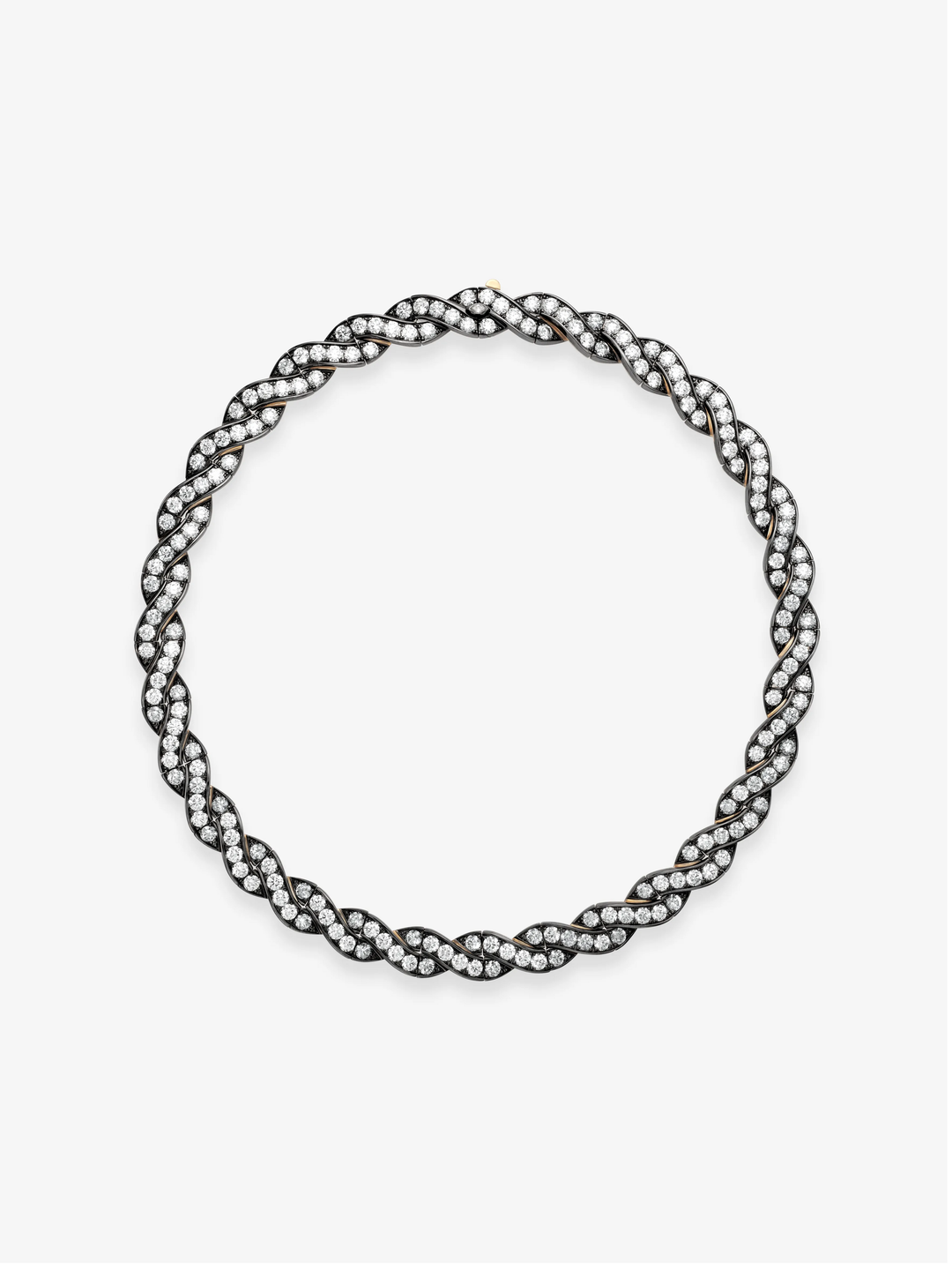 Jessica McCormack diamond and blackened gold ribbon necklace with intertwined strands of round diamonds forming a continuous circular design  View 1