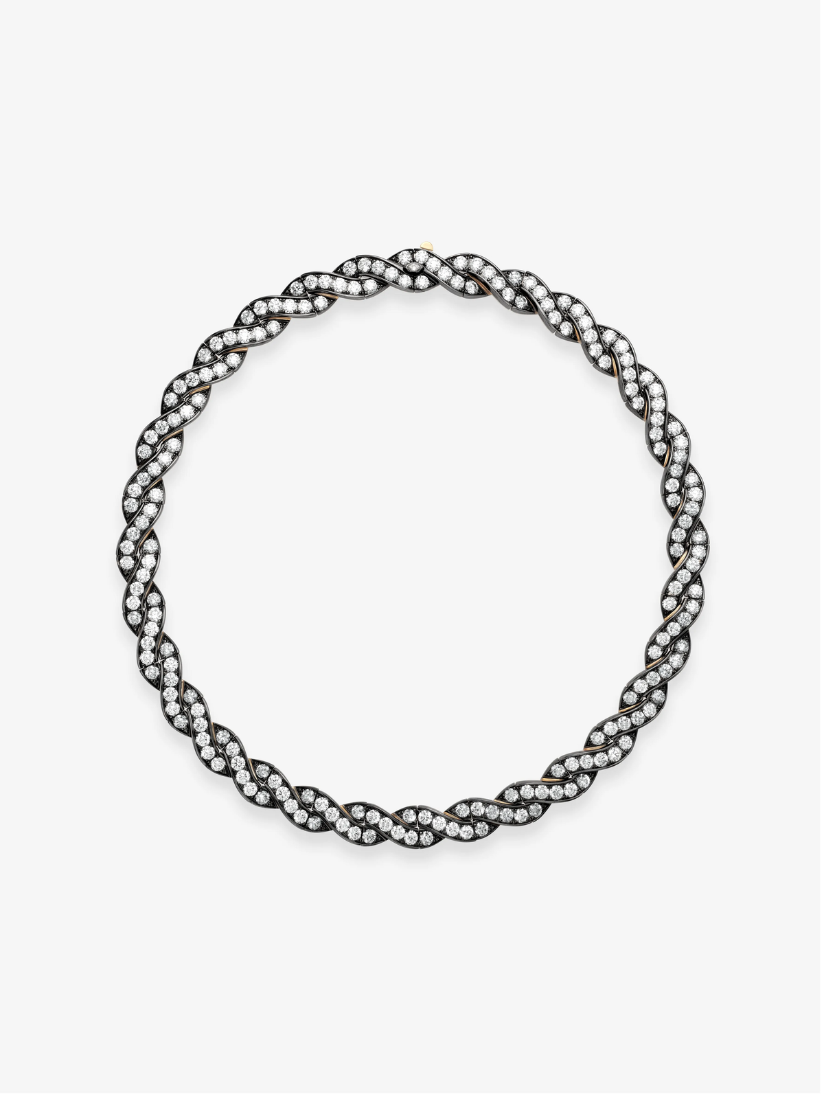 Jessica McCormack diamond and blackened gold ribbon necklace with intertwined strands of round diamonds forming a continuous circular design View 1