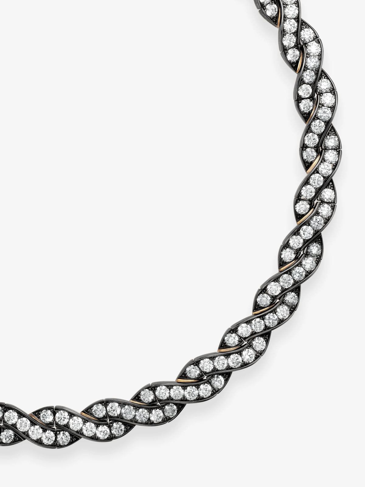 Jessica McCormack blackened gold ribbon necklace set with rows of round brilliant diamonds in a sculptural braided design View 4