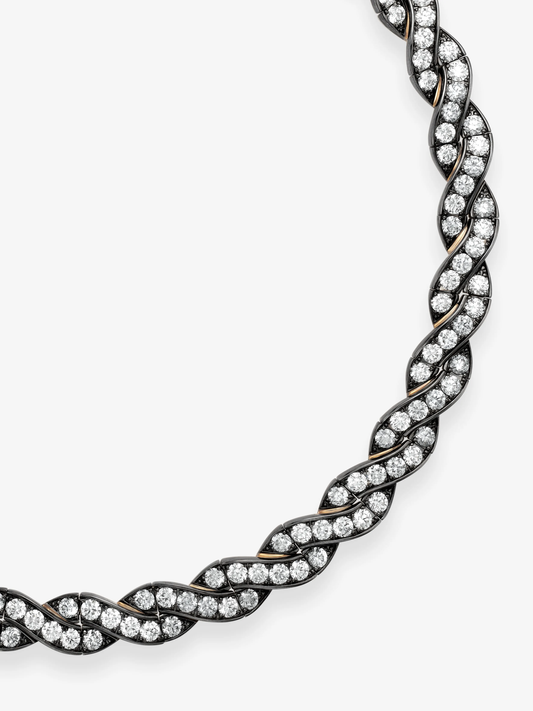 Jessica McCormack blackened gold ribbon necklace set with rows of round brilliant diamonds in a sculptural braided design View 4