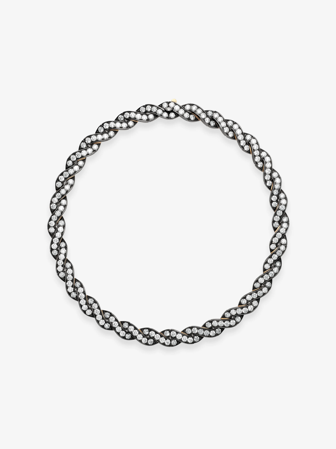 Blackened gold diamond ribbon necklace arranged in a circular form with intertwined bands set with round diamonds and a sculptural contemporary design  View 1