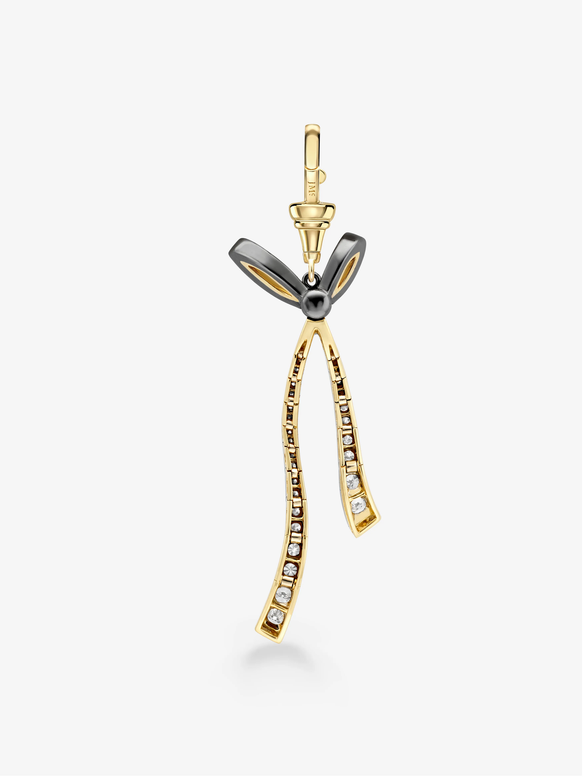 Diamond bow pendant in yellow and blackened gold, featuring two long diamond-set ribbon strands and a detachable clasp for versatile styling. View 4