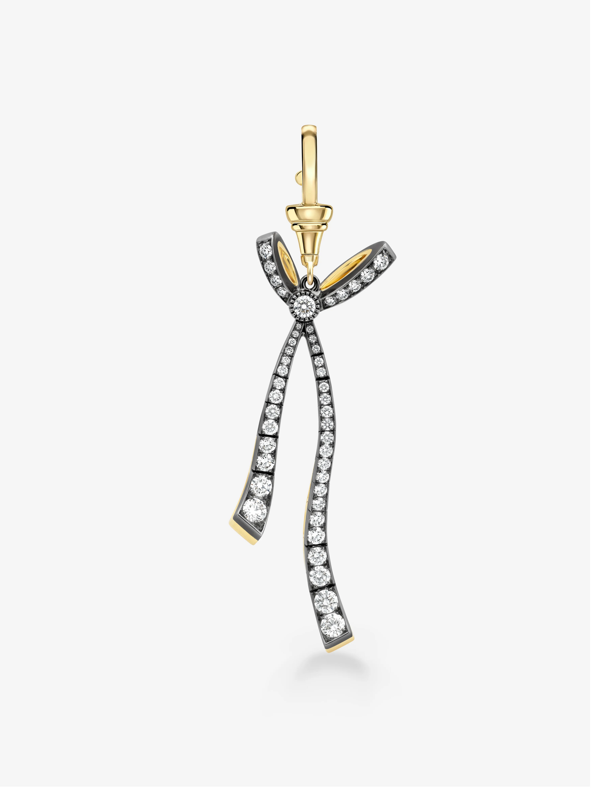 Jessica McCormack diamond pendant with a sculptural bow design, two elongated diamond set ribbons, and a polished gold clasp View 1