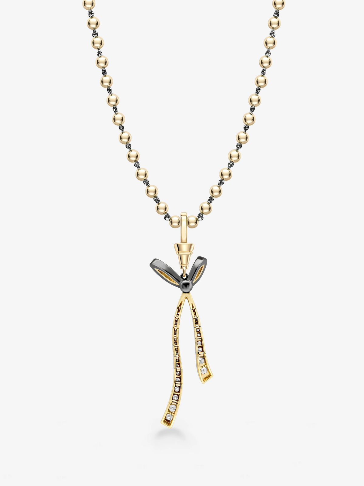 Jessica McCormack diamond ball n chain necklace with a detachable bow pendant and two long diamond set ribbon tails in gold and blackened metal View 5