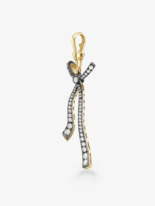 Jessica McCormack diamond ribbon pendant with a bow detail in contrasting blackened and white gold, finished with a detachable gold clasp and ball chain beading View 5