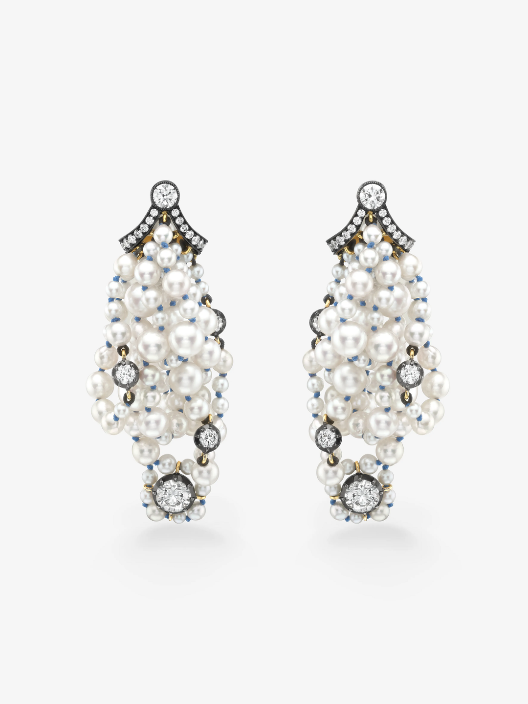 Jessica McCormack pearl and diamond drop earrings with clustered white pearls, round diamonds and blackened gold accents, shown as a matching pair  View 1