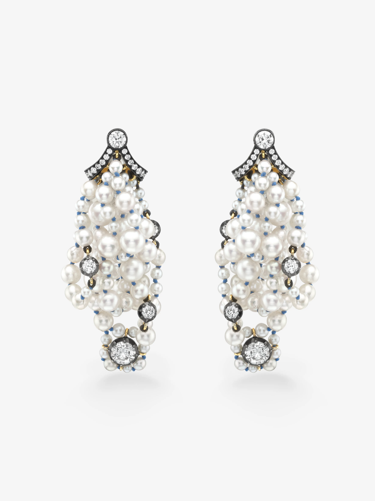 Jessica McCormack pearl and diamond drop earrings with clustered white pearls, round diamonds and blackened gold accents, shown as a matching pair View 1